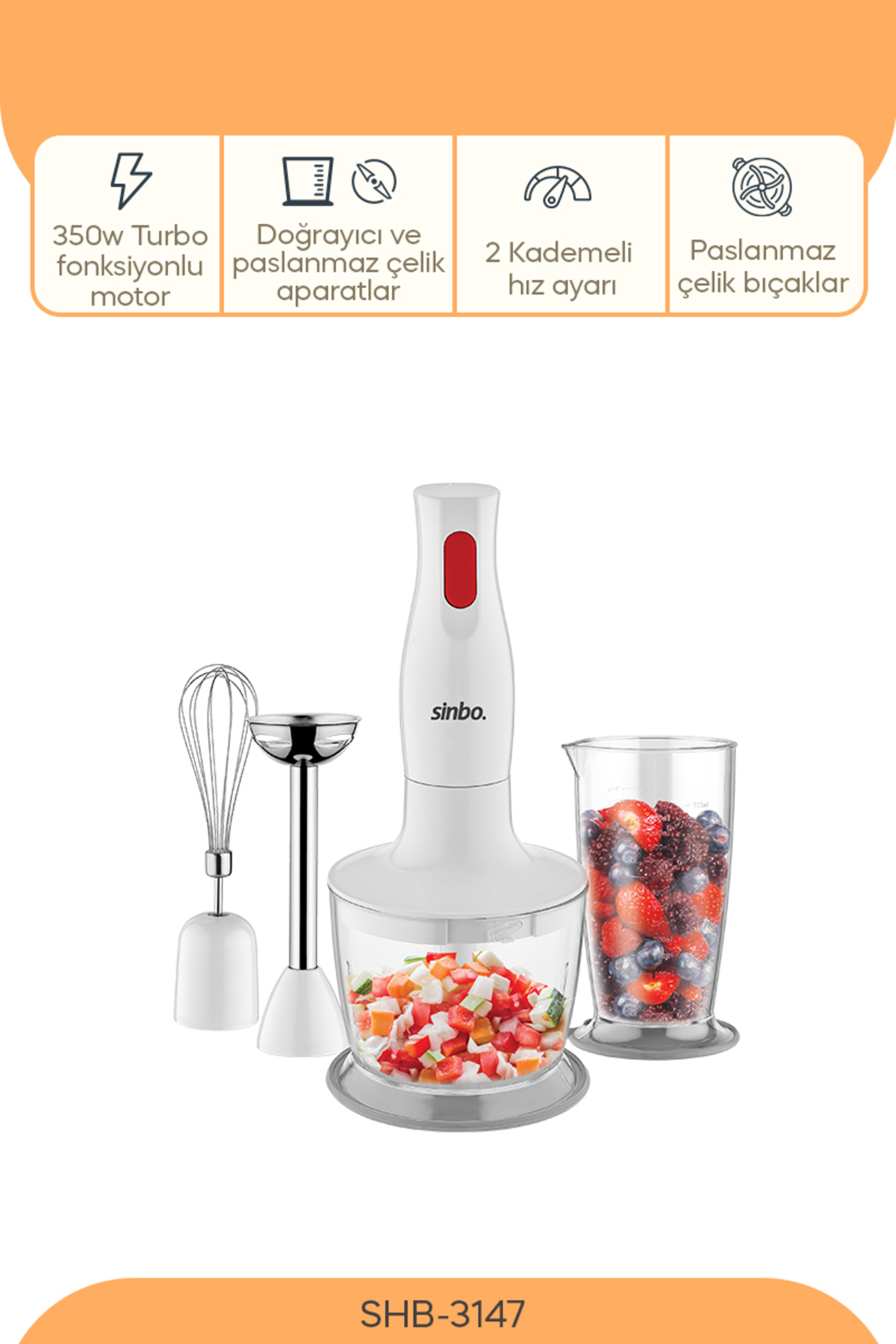 1_org_zoom Shb-3147 3 Fonksiyonlu El Blender Seti - Beyaz / 300 Watt - Görsel 1